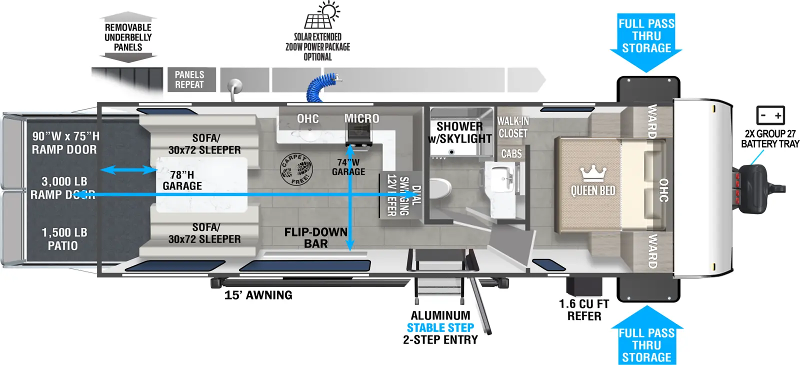 The 265RTK has zero slideouts and one entry. Exterior features removeable underbelly panels, optional solar extended 200W solar package, spray port, hot/cold exterior shower, spare tire winch system, storage, 15 foot awning, aluminum stable step 3-step entry, LP quick connect, LP griddle, refrigerator, front 2X group 27 battery tray, and rear ramp door. Interior layout front to back: carpet-free RV; queen bed with overhead cabinet, wardrobes on each side, and walk-in closet; off-door side full bathroom with cabinet, and skylight in shower; door side entry and flip-down bar; dual swinging 12V along inner wall with kitchen counter wrapping to off-door side with cooktop, sink, microwave and overhead cabinet; rear opposing sofa/sleepers with table. Garage dimensions: 81 inches garage height; 156 inches from ramp door to refrigerator, 72 inches from door side wall to kitchen counter; 1,500 lb. tie-downs; 3,000 lb 90 inch x 75 inch rear ramp door with 1,500 lb. patio capacity.